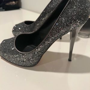 Barneys New York high heel sparkling open toe dress shoes.